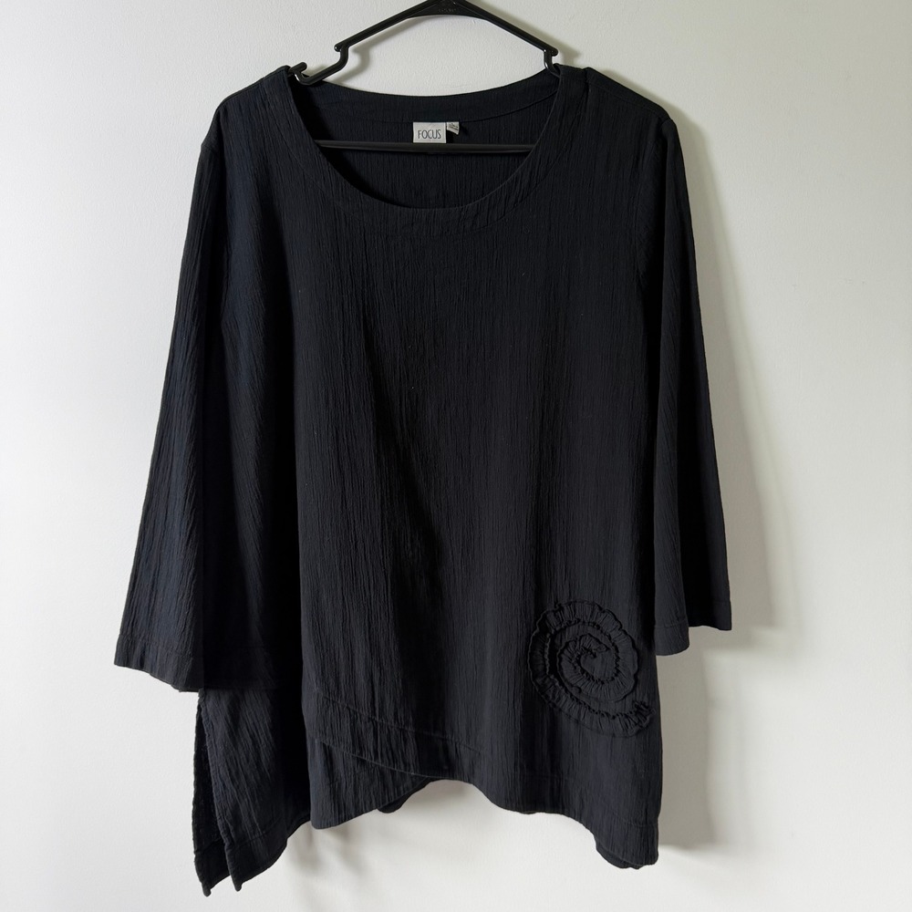 Focus Black 100% Cotton Gauze 3/4 Sleeve Rosette Asymmetric Hem Top L Lagenlook